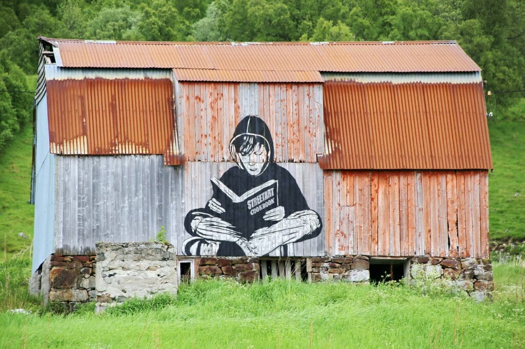 Et blikkskur med grafittikunst i skogkanten.